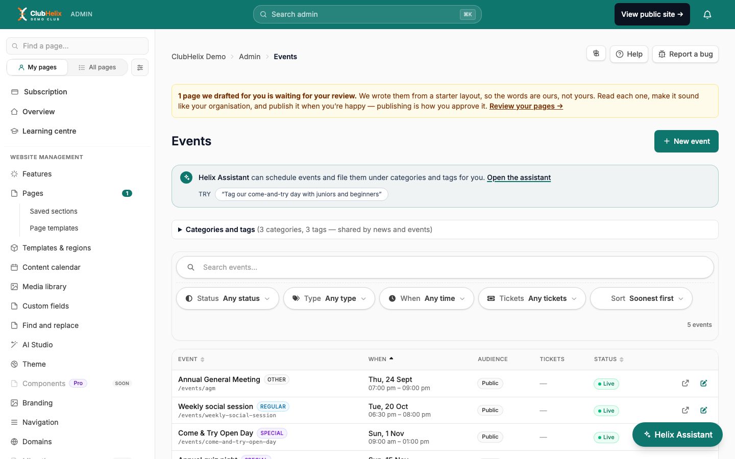 The focused sidebar in ClubHelix showing only the pages for the areas a person looks after, with the My pages and All pages switch and the Personalise button at the top