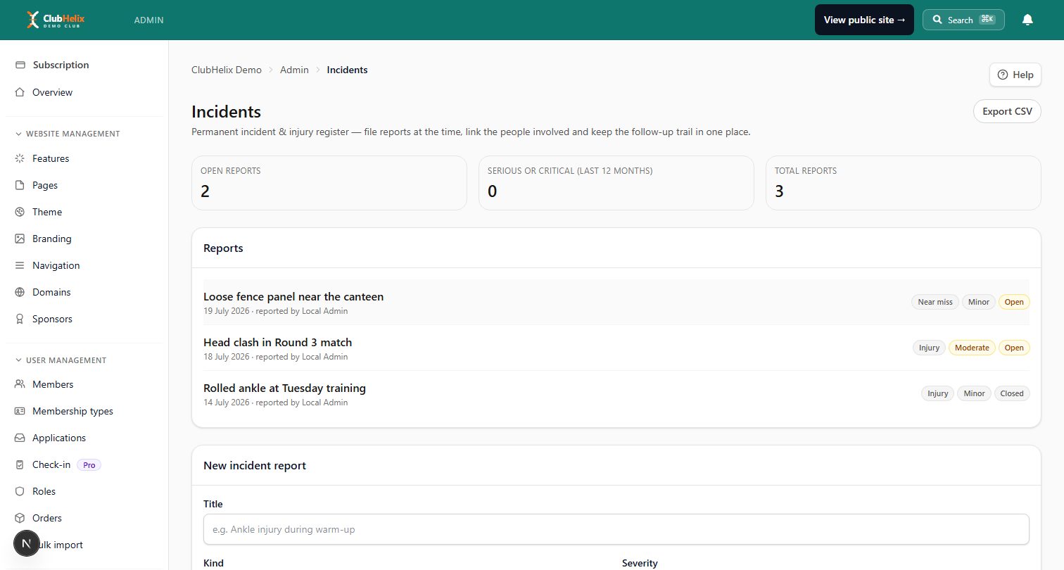 The ClubHelix incident reporting screen showing a logged incident with date, location, people involved and follow-up actions