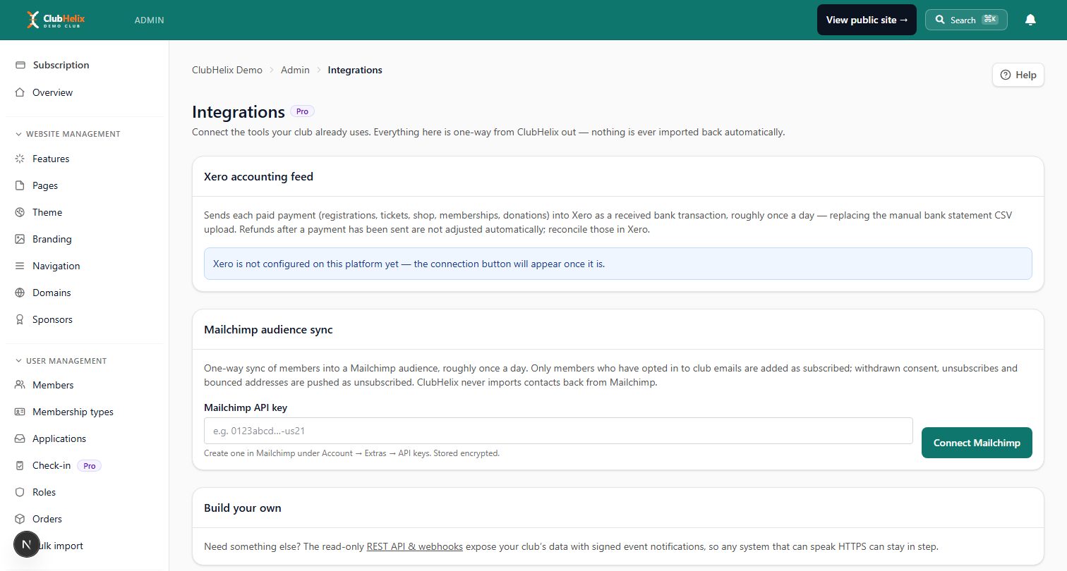 The integrations page in ClubHelix admin, where a club connects Xero and Mailchimp