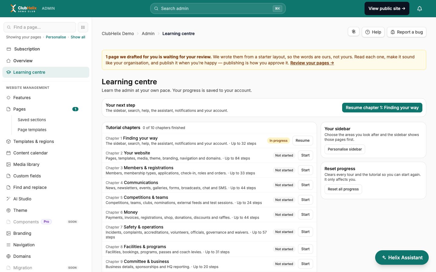 The Learning centre in ClubHelix listing the ten-chapter main tutorial and the page tours with progress
