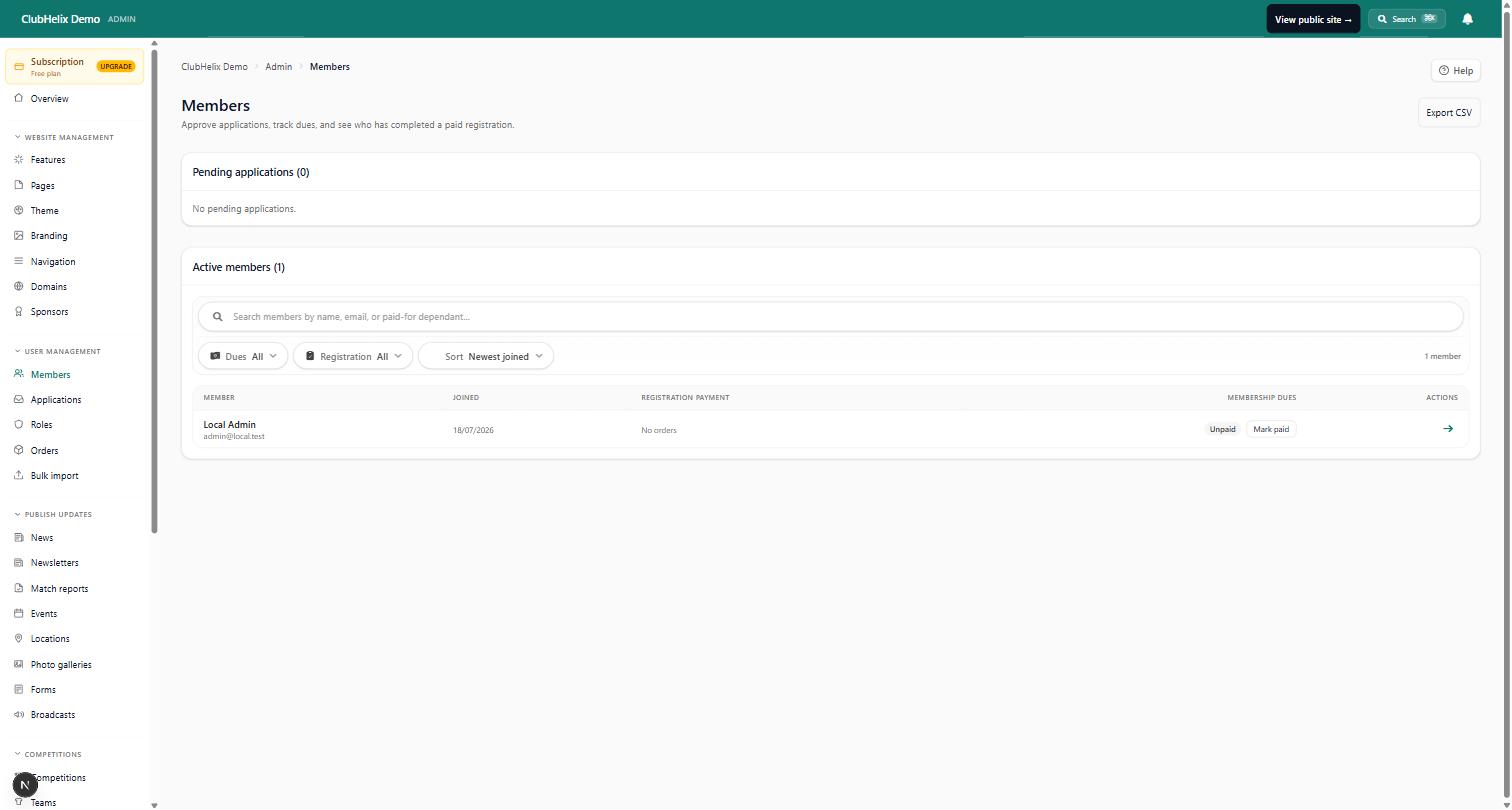 The Members admin showing pending applications, dues status and CSV export