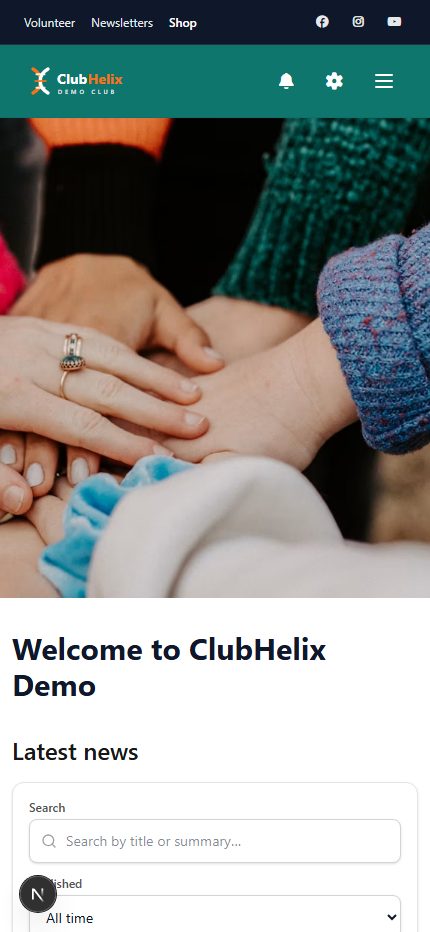 The ClubHelix club site installed on a phone home screen, showing the club icon and a push notification about a fixture change
