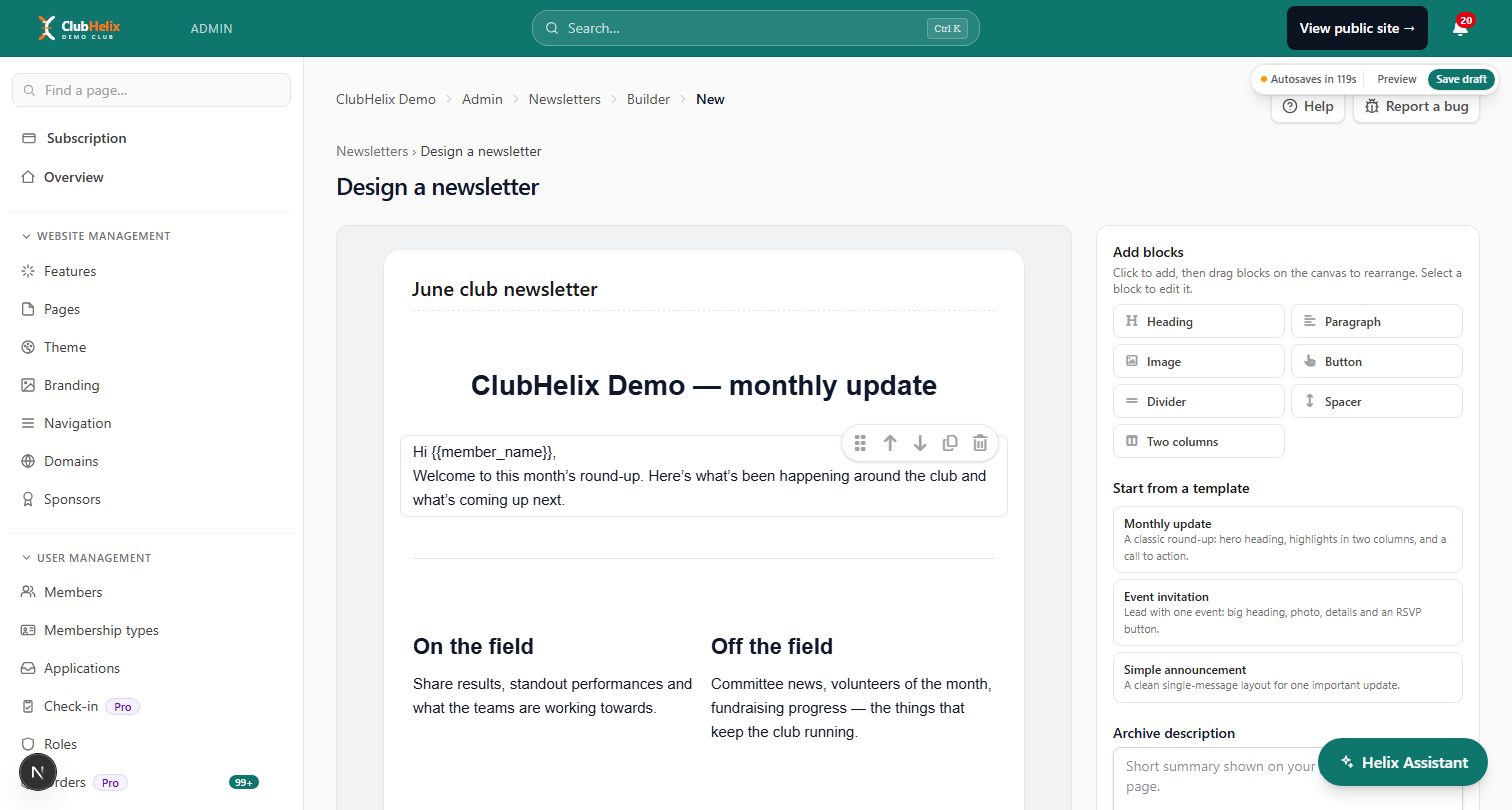 The ClubHelix newsletter builder, where a club builds a newsletter before choosing who it goes to