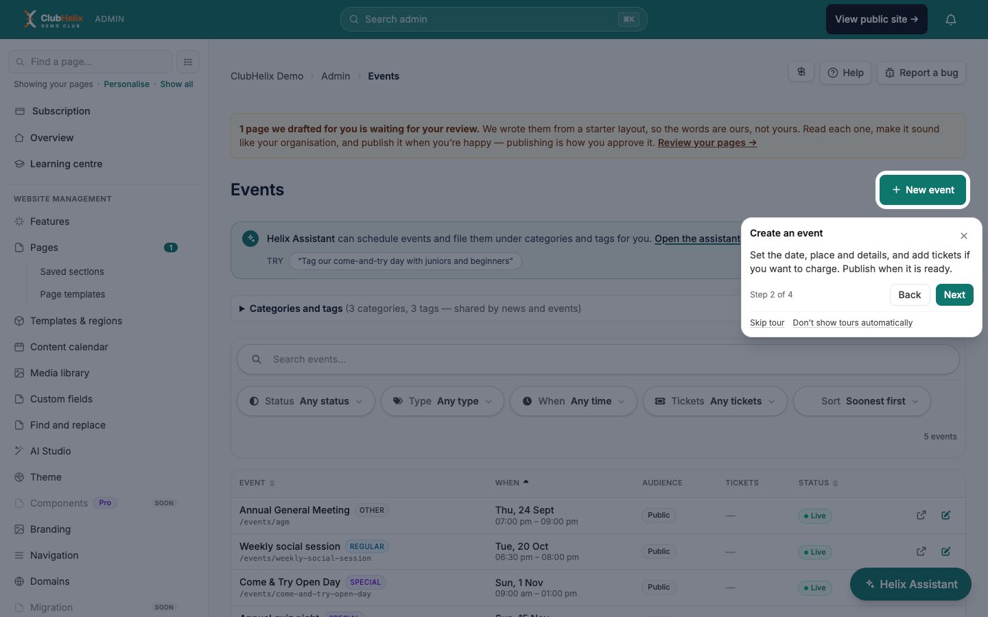 A guided page tour in ClubHelix highlighting one control on an admin page with a short explanation and Next and Back buttons