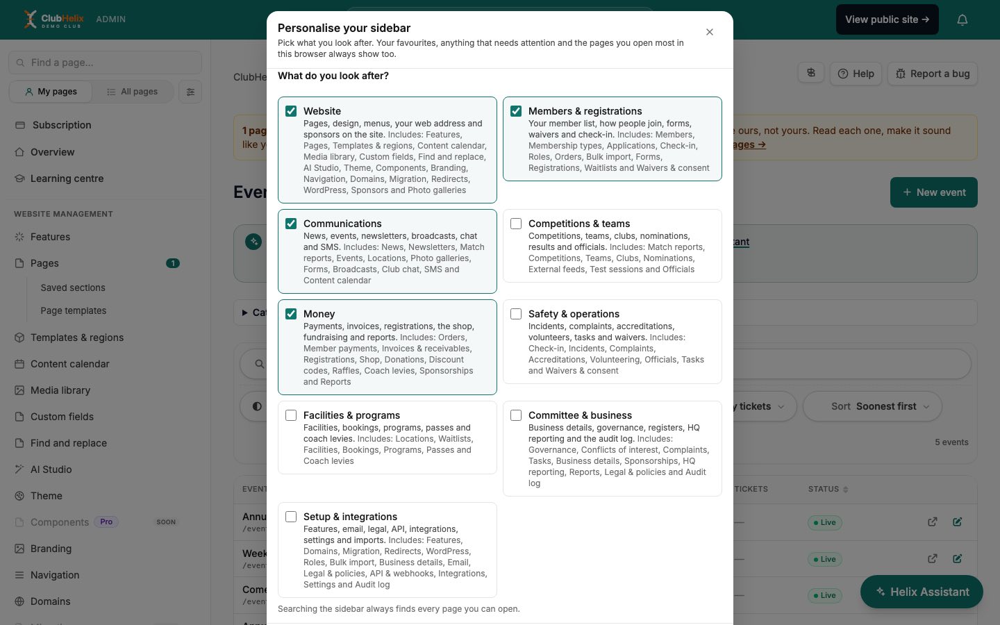 The Personalise sidebar dialog in ClubHelix, where a person ticks the areas of the club they look after