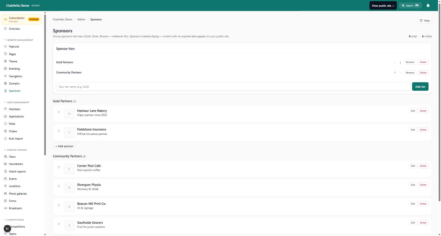 Managing sponsor records and packages in the ClubHelix sponsorship admin