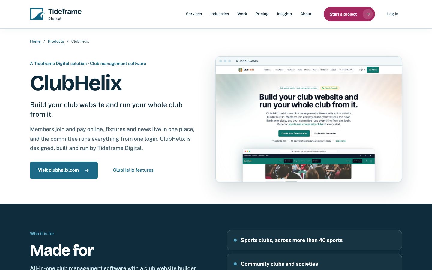 La página de ClubHelix en el sitio web de Tideframe Digital, que lo describe como software de gestión para clubes diseñado, desarrollado y operado por el estudio.
