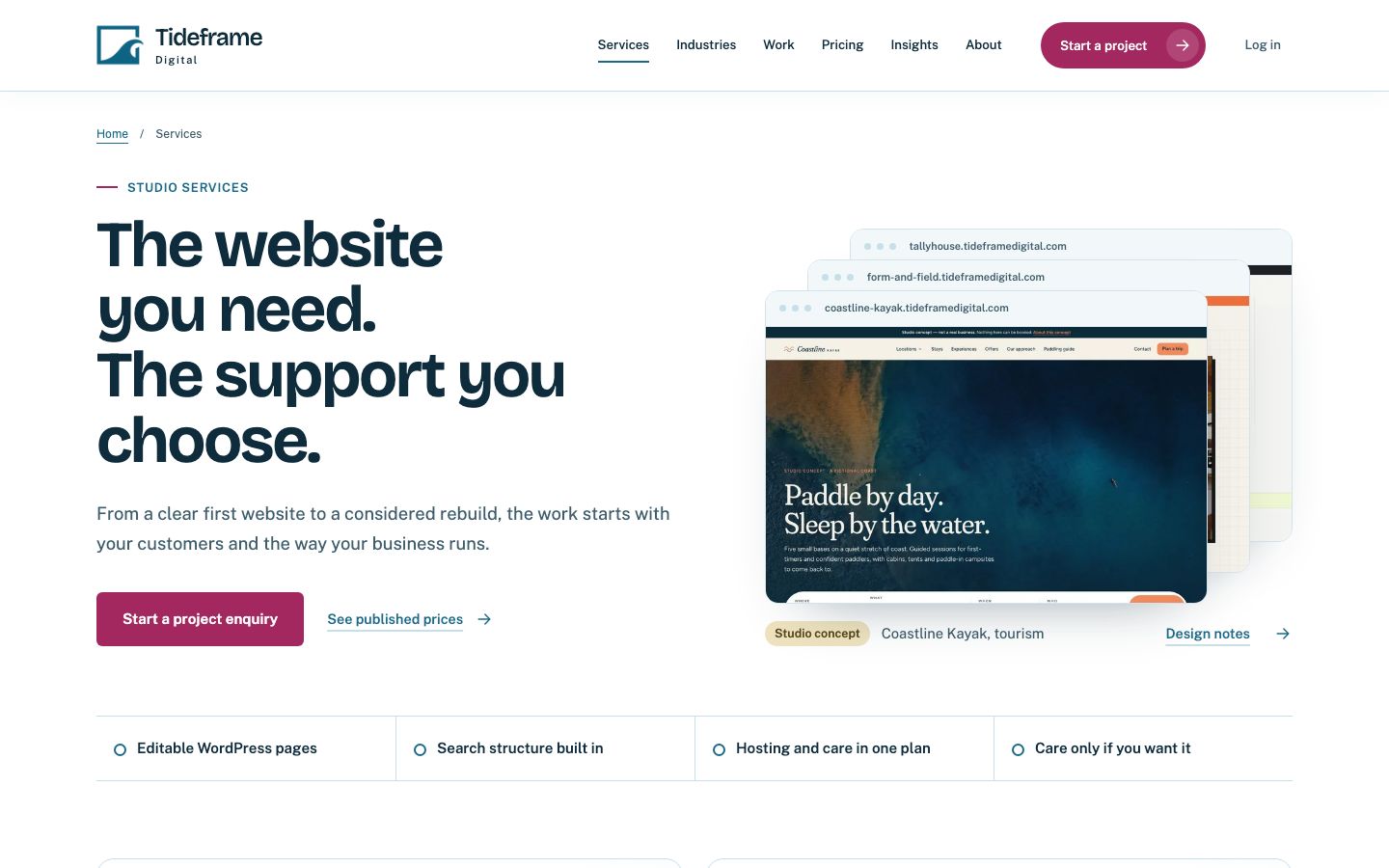 La página de servicios del sitio del estudio Tideframe Digital, que muestra diseño web, cuidado del sitio y trabajo de rediseño.