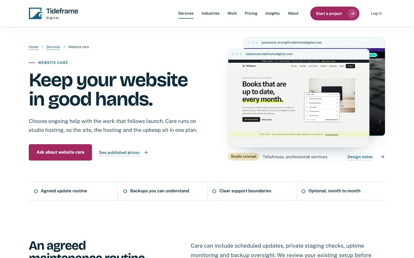 A página de cuidado do site em tideframedigital.com, que descreve atualizações agendadas, verificações em ambiente de teste, monitoramento de disponibilidade e acompanhamento de backups.